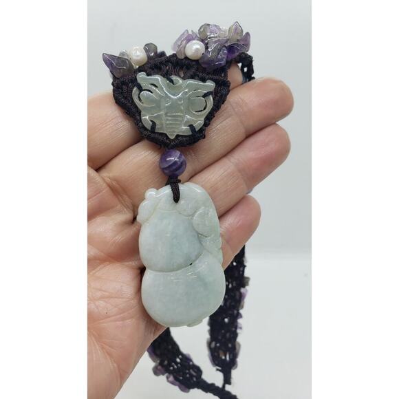 Vintage Necklace Amethyst Genuine Pearl Jade Elephant & Butterfly Pendants - Picture 11 of 13